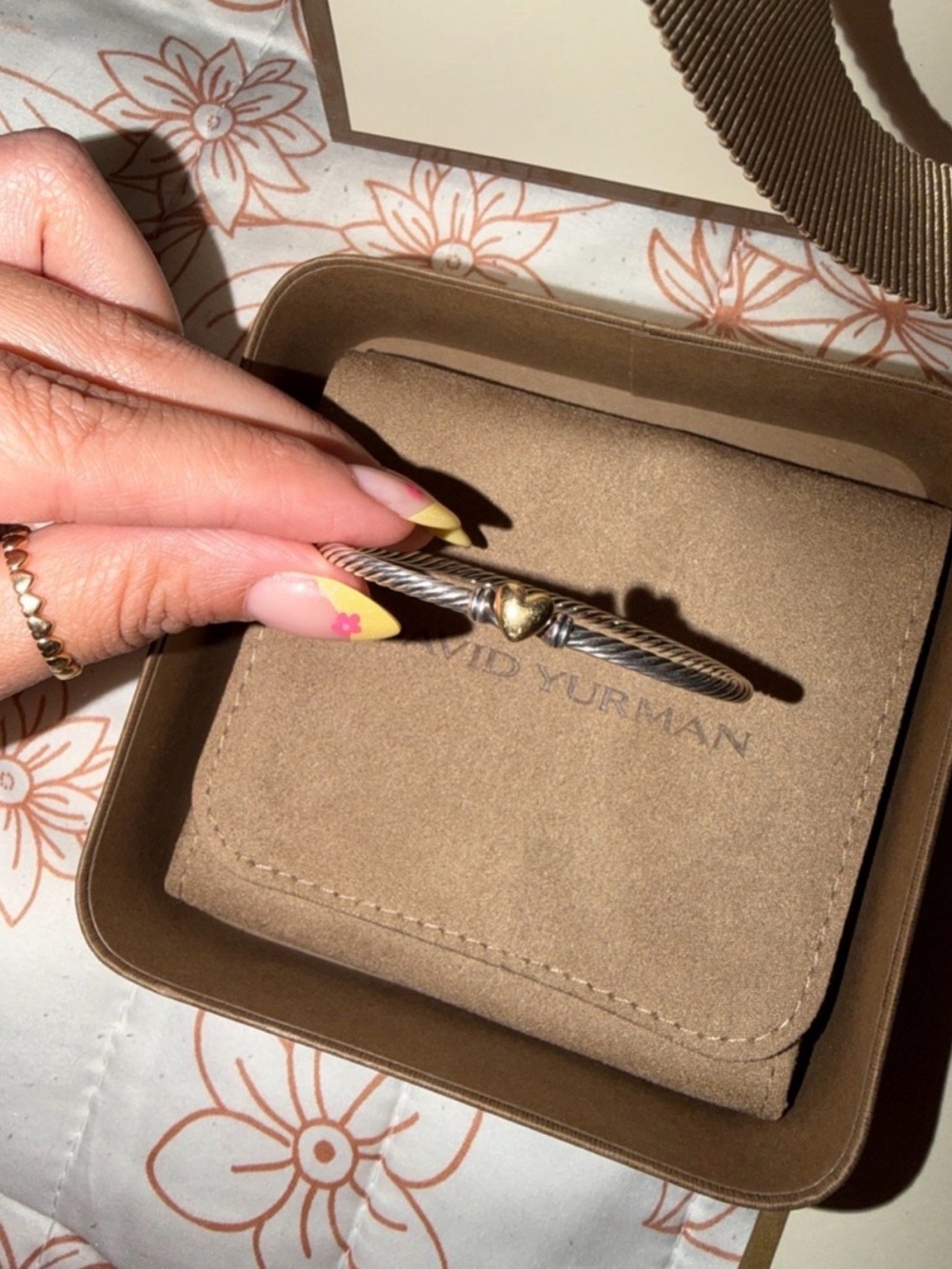 David Yurman Two-Tone Cable Bracelet with Gold Heart Accent - Brown/Silver